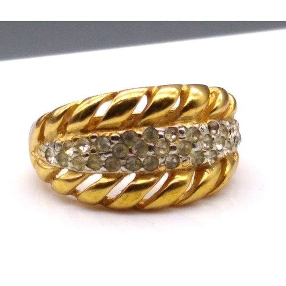 Vintage Men's Low Profile Statement Ring in Gold Tone with Clear Crystal Pave - Picture 2 of 7